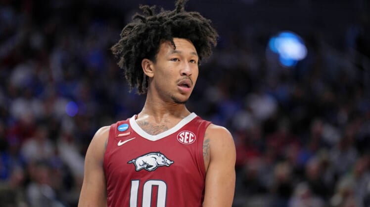 Mar 26, 2022; San Francisco, CA, USA; Arkansas Razorbacks forward Jaylin Williams (10) reacts after a play against the Duke Blue Devils during the second half in the finals of the West regional of the men's college basketball NCAA Tournament at Chase Center. Mandatory Credit: Kelley L Cox-USA TODAY Sports