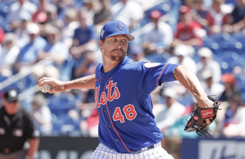 Mar 27, 2022; Port St. Lucie, Florida, USA; New York Mets starting pitcher Jacob deGrom (48) throws a pitch in the first inning during spring training against the St. Louis Cardinals at Clover Park. Mandatory Credit: Reinhold Matay-USA TODAY Sports