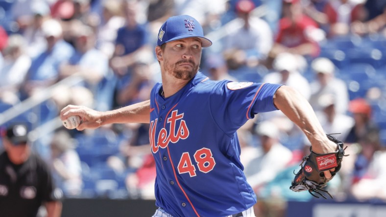 Mar 27, 2022; Port St. Lucie, Florida, USA; New York Mets starting pitcher Jacob deGrom (48) throws a pitch in the first inning during spring training against the St. Louis Cardinals at Clover Park. Mandatory Credit: Reinhold Matay-USA TODAY Sports