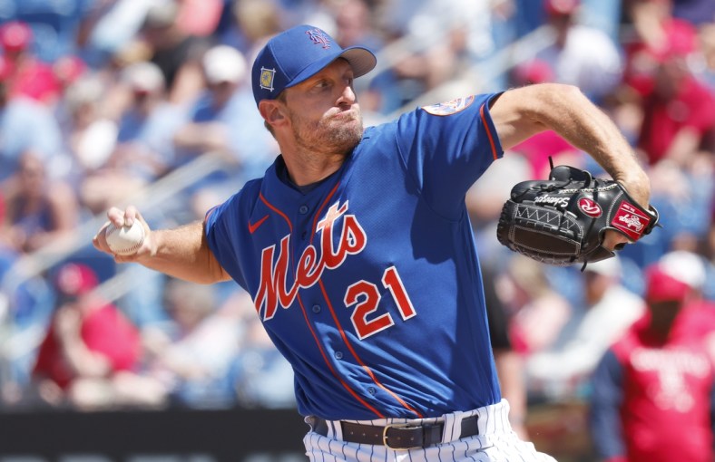 Mar 27, 2022; Port St. Lucie, Florida, USA; New York Mets starting pitcher Max Scherzer (21) throws a pitch during the fourth inning of a spring training game against the St. Louis Cardinals at Clover Park. Mandatory Credit: Reinhold Matay-USA TODAY Sports