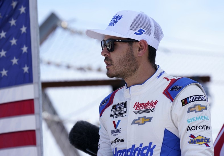 Mar 27, 2022; Austin, Texas, USA; NASCAR Cup Series driver Kyle Larson (5) before the start of the EchoPark Automotive Texas Grand Prix at Circuit of the Americas. Mandatory Credit: Mike Dinovo-USA TODAY Sports