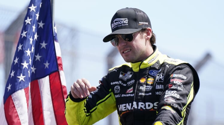 Mar 27, 2022; Austin, Texas, USA; NASCAR Cup Series driver Ryan Blaney (12) before the start of the EchoPark Automotive Texas Grand Prix at Circuit of the Americas. Mandatory Credit: Mike Dinovo-USA TODAY Sports