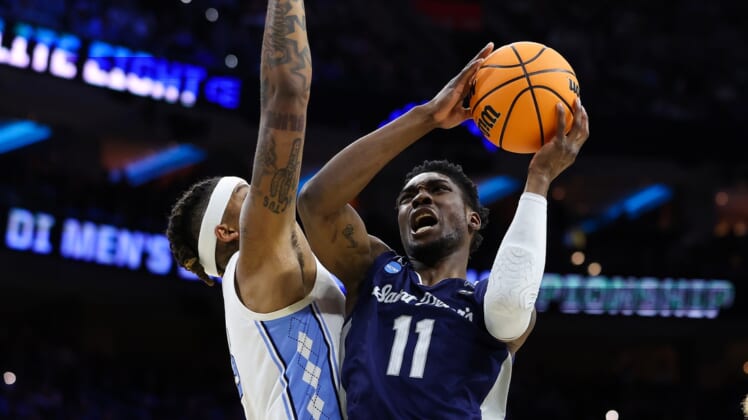Mar 27, 2022; Philadelphia, PA, USA; St. Peters Peacocks forward KC Ndefo (11) shoots against the North Carolina Tar Heels during the second half in the finals of the East regional of the men's college basketball NCAA Tournament at Wells Fargo Center. Mandatory Credit: Bill Streicher-USA TODAY Sports