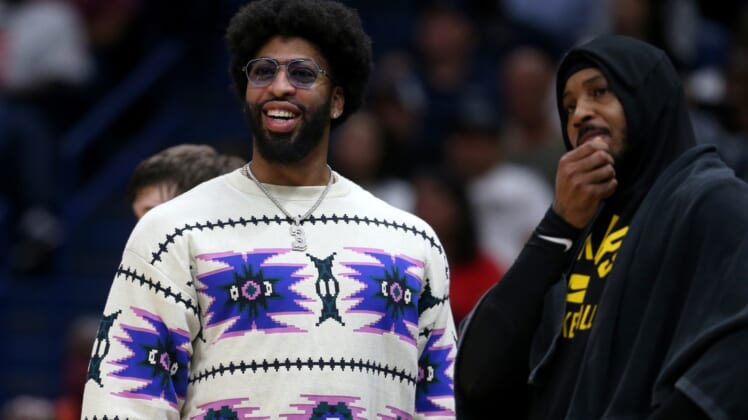 Mar 27, 2022; New Orleans, Louisiana, USA; Injured Los Angeles Lakers forward Anthony Davis looks on in the second quarter against the New Orleans Pelicans at the Smoothie King Center. Mandatory Credit: Chuck Cook-USA TODAY Sports