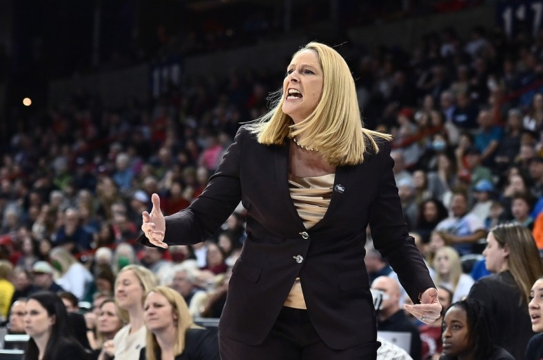 Mar 25, 2022; Spokane, WA, USA; Maryland Terrapins head coach Brenda Frese looks on against the Stanford Cardinal in the Spokane regional semifinals of the women's college basketball NCAA Tournament at Spokane Veterans Memorial Arena. Mandatory Credit: James Snook-USA TODAY Sports