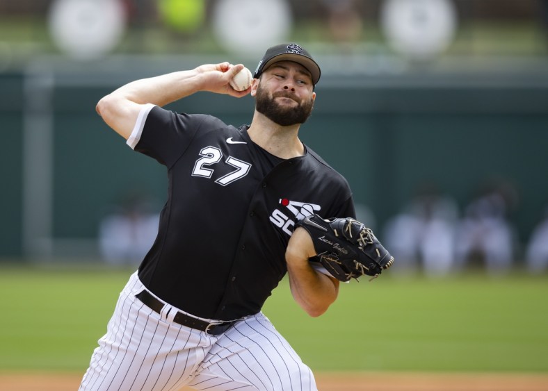 Mar 28, 2022; Phoenix, Arizona, USA; Chicago White Sox pitcher Lucas Giolito against the San Diego Padres during a spring training game at Camelback Ranch-Glendale. Mandatory Credit: Mark J. Rebilas-USA TODAY Sports