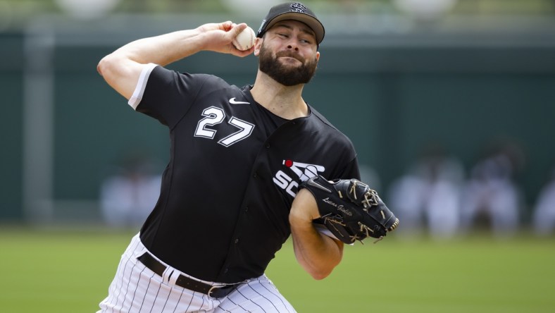 Mar 28, 2022; Phoenix, Arizona, USA; Chicago White Sox pitcher Lucas Giolito against the San Diego Padres during a spring training game at Camelback Ranch-Glendale. Mandatory Credit: Mark J. Rebilas-USA TODAY Sports