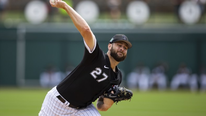 Mar 28, 2022; Phoenix, Arizona, USA; Chicago White Sox pitcher Lucas Giolito against the San Diego Padres during a spring training game at Camelback Ranch-Glendale. Mandatory Credit: Mark J. Rebilas-USA TODAY Sports