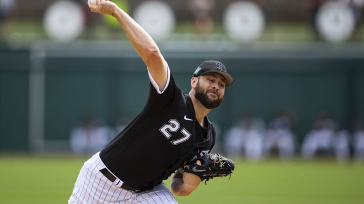 Mar 28, 2022; Phoenix, Arizona, USA; Chicago White Sox pitcher Lucas Giolito against the San Diego Padres during a spring training game at Camelback Ranch-Glendale. Mandatory Credit: Mark J. Rebilas-USA TODAY Sports