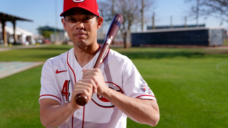 Cincinnati Reds left fielder Shogo Akiyama (4), pictured, Friday, March 18, 2022, at the baseball team's spring training facility in Goodyear, Ariz.

Cincinnati Reds Photo Day March 18 0533