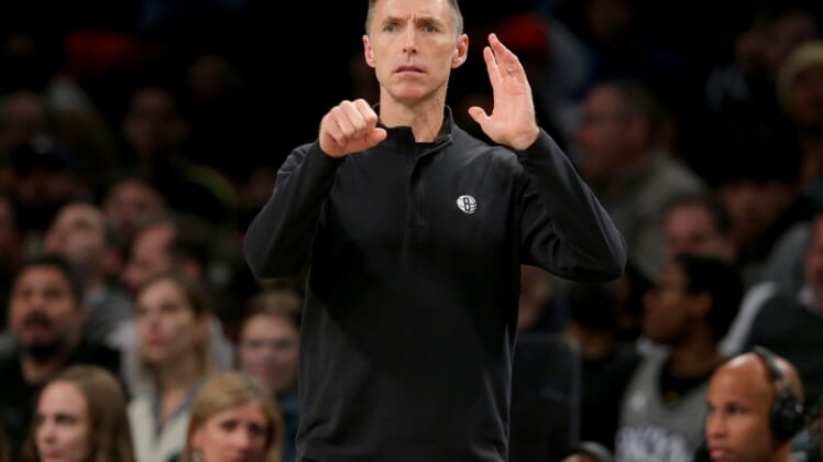 Mar 29, 2022; Brooklyn, New York, USA; Brooklyn Nets head coach Steve Nash coaches against the Detroit Pistons during the first quarter at Barclays Center. Mandatory Credit: Brad Penner-USA TODAY Sports