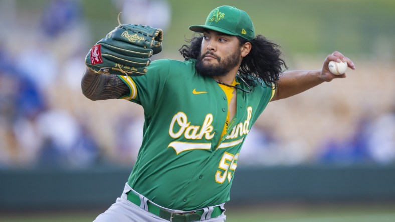 Mar 29, 2022; Phoenix, Arizona, USA; Oakland Athletics pitcher Sean Manaea against the Los Angeles Dodgers during spring training at Camelback Ranch-Glendale. Mandatory Credit: Mark J. Rebilas-USA TODAY Sports