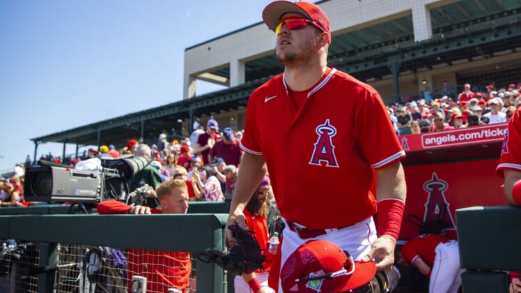 Mar 21, 2022; Tempe, Arizona, USA; Los Angeles Angels outfielder Mike Trout against the Kansas City Royals during spring training at Tempe Diablo Stadium. Mandatory Credit: Mark J. Rebilas-USA TODAY Sports