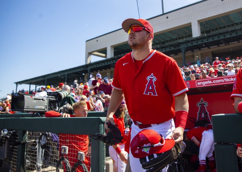 Mar 21, 2022; Tempe, Arizona, USA; Los Angeles Angels outfielder Mike Trout against the Kansas City Royals during spring training at Tempe Diablo Stadium. Mandatory Credit: Mark J. Rebilas-USA TODAY Sports