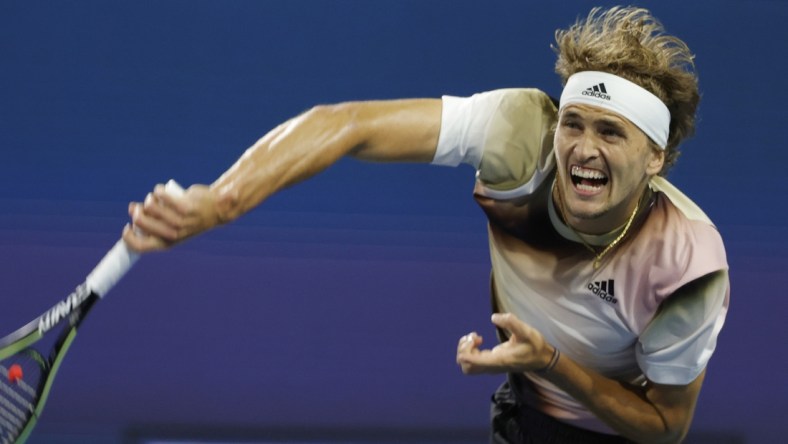 Mar 30, 2022; Miami Gardens, FL, USA; Alexander Zverev (GER) serves against Casper Ruud (NOR)(not pictured) in a men's singles quarterfinal match in the Miami Open at Hard Rock Stadium. Mandatory Credit: Geoff Burke-USA TODAY Sports