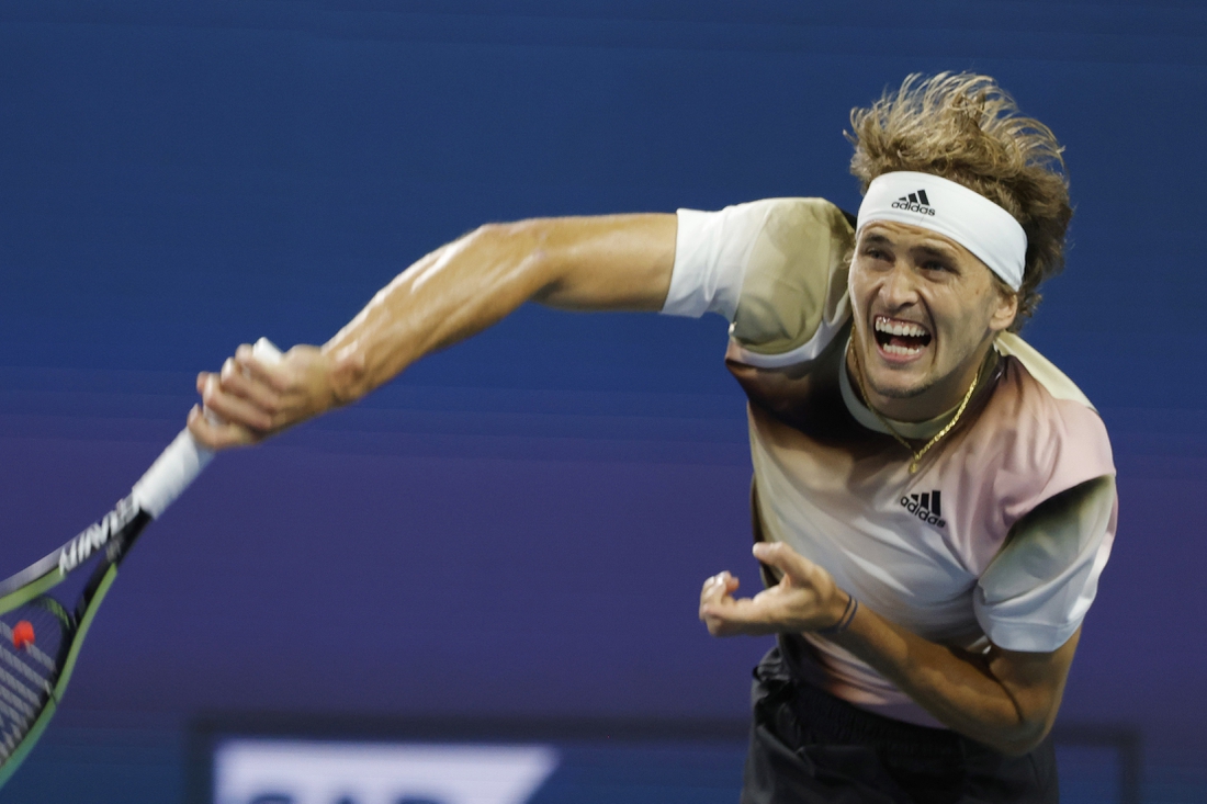 Mar 30, 2022; Miami Gardens, FL, USA; Alexander Zverev (GER) serves against Casper Ruud (NOR)(not pictured) in a men's singles quarterfinal match in the Miami Open at Hard Rock Stadium. Mandatory Credit: Geoff Burke-USA TODAY Sports