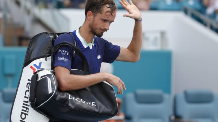 Mar 31, 2022; Miami Gardens, FL, USA; Daniil Medvedev acknowledges the crowd while leaving the court after his match against Hubert Hurkacz (POL)(not pictured) in a men's singles quarterfinal in the Miami Open at Hard Rock Stadium. Mandatory Credit: Geoff Burke-USA TODAY Sports