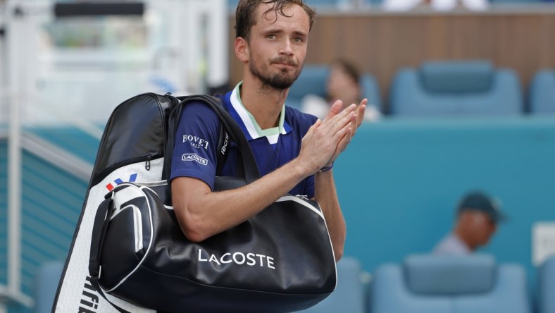 Mar 31, 2022; Miami Gardens, FL, USA; Daniil Medvedev acknowledges the crowd while leaving the court after his match against Hubert Hurkacz (POL)(not pictured) in a men's singles quarterfinal in the Miami Open at Hard Rock Stadium. Mandatory Credit: Geoff Burke-USA TODAY Sports