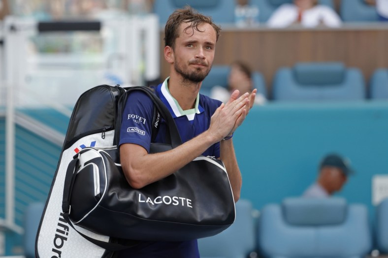 Mar 31, 2022; Miami Gardens, FL, USA; Daniil Medvedev acknowledges the crowd while leaving the court after his match against Hubert Hurkacz (POL)(not pictured) in a men's singles quarterfinal in the Miami Open at Hard Rock Stadium. Mandatory Credit: Geoff Burke-USA TODAY Sports
