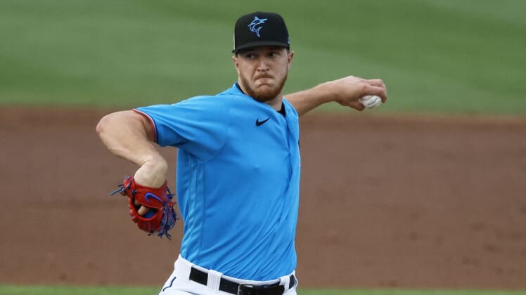 Mar 31, 2022; Jupiter, Florida, USA; Florida Marlins starting pitcher Trevor Rogers (28) throws during the second inning against the St. Louis Cardinals during spring training at Roger Dean Stadium. Mandatory Credit: Rhona Wise-USA TODAY Sports