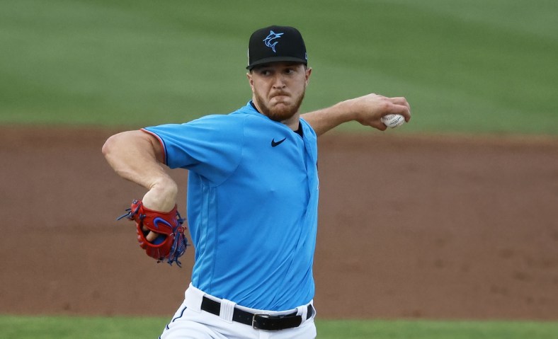 Mar 31, 2022; Jupiter, Florida, USA; Florida Marlins starting pitcher Trevor Rogers (28) throws during the second inning against the St. Louis Cardinals during spring training at Roger Dean Stadium. Mandatory Credit: Rhona Wise-USA TODAY Sports