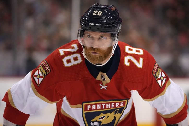 Mar 31, 2022; Sunrise, Florida, USA; Florida Panthers right wing Claude Giroux (28) prepares for a face-off during the second period against the Chicago Blackhawks at FLA Live Arena. Mandatory Credit: Jasen Vinlove-USA TODAY Sports