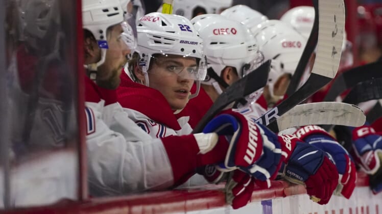Mar 31, 2022; Raleigh, North Carolina, USA;  Montreal Canadiens right wing Cole Caufield (22) looks on against the Carolina Hurricanes during the second period at PNC Arena. Mandatory Credit: James Guillory-USA TODAY Sports