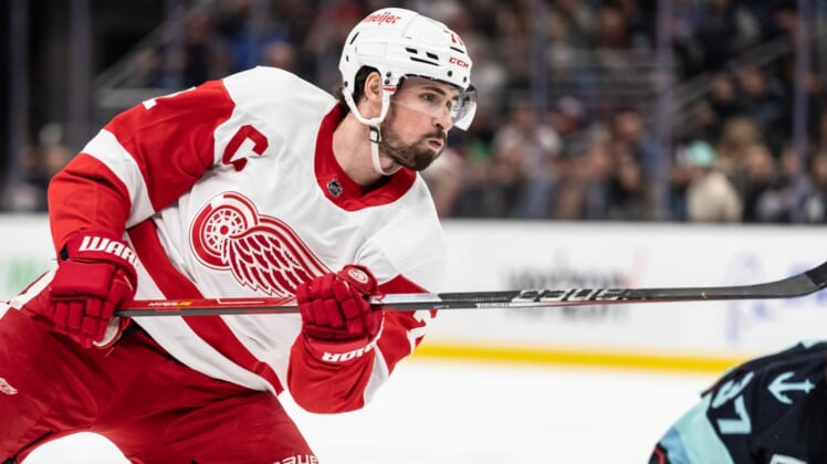 Mar 19, 2022; Seattle, Washington, USA; Detroit Red Wings forward Dylan Larkin (71) is pictured during a game against the Seattle Kraken at Climate Pledge Arena. Mandatory Credit: Stephen Brashear-USA TODAY Sports
