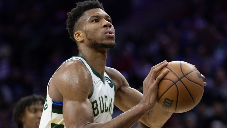 Mar 29, 2022; Philadelphia, Pennsylvania, USA; Milwaukee Bucks forward Giannis Antetokounmpo (34) shoots the ball against the Philadelphia 76ers during the fourth quarter at Wells Fargo Center. Mandatory Credit: Bill Streicher-USA TODAY Sports