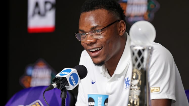 Apr 1, 2022; New Orleans, LA, USA; Kentucky Wildcats forward Oscar Tshiebwe (34) talks after winning player of the year during a press conference before the 2022 NCAA men's basketball tournament Final Four semifinals at Caesars Superdome. Mandatory Credit: Stephen Lew-USA TODAY Sports