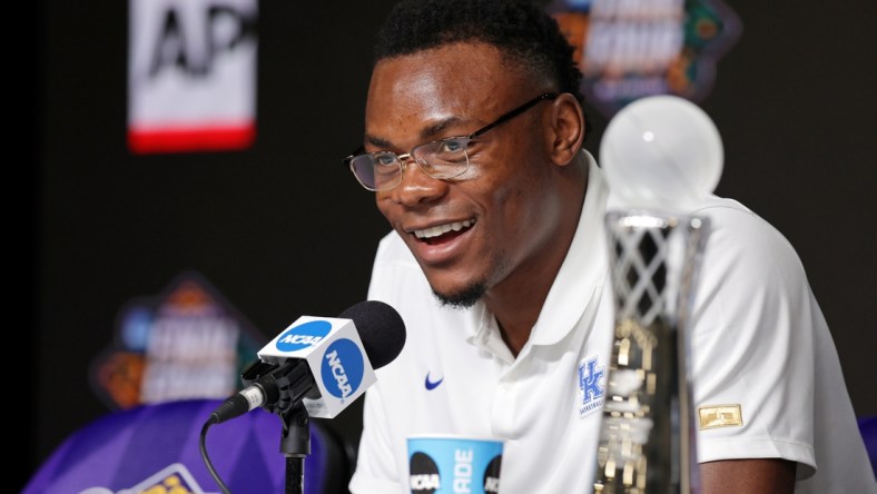 Apr 1, 2022; New Orleans, LA, USA; Kentucky Wildcats forward Oscar Tshiebwe (34) talks after winning player of the year during a press conference before the 2022 NCAA men's basketball tournament Final Four semifinals at Caesars Superdome. Mandatory Credit: Stephen Lew-USA TODAY Sports