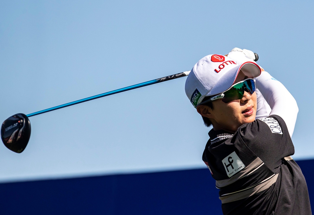 Hyo Joo Kim of South Korea tees off on hole one during round two of the Chevron Championship at Mission Hills Country Club in Rancho Mirage, Calif., Friday, April 1, 2022.