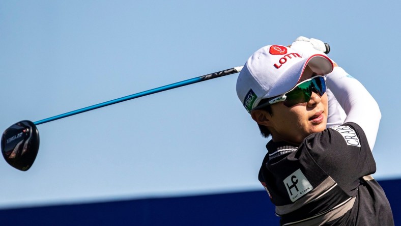 Hyo Joo Kim of South Korea tees off on hole one during round two of the Chevron Championship at Mission Hills Country Club in Rancho Mirage, Calif., Friday, April 1, 2022.