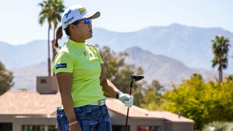 Nasa Hataoka of Japan watches her shot after hitting from the sixth tee during round two of the Chevron Championship at Mission Hills Country Club in Rancho Mirage, Calif., Friday, April 1, 2022.