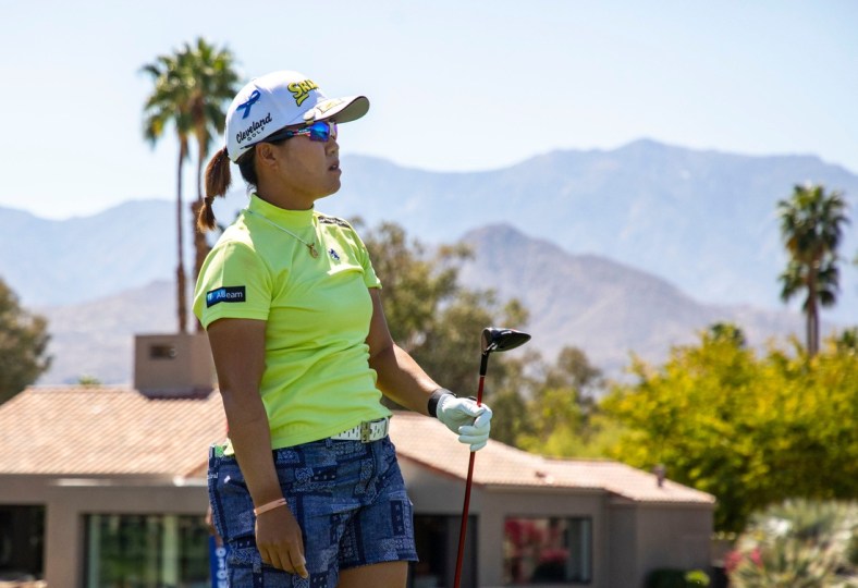 Nasa Hataoka of Japan watches her shot after hitting from the sixth tee during round two of the Chevron Championship at Mission Hills Country Club in Rancho Mirage, Calif., Friday, April 1, 2022.