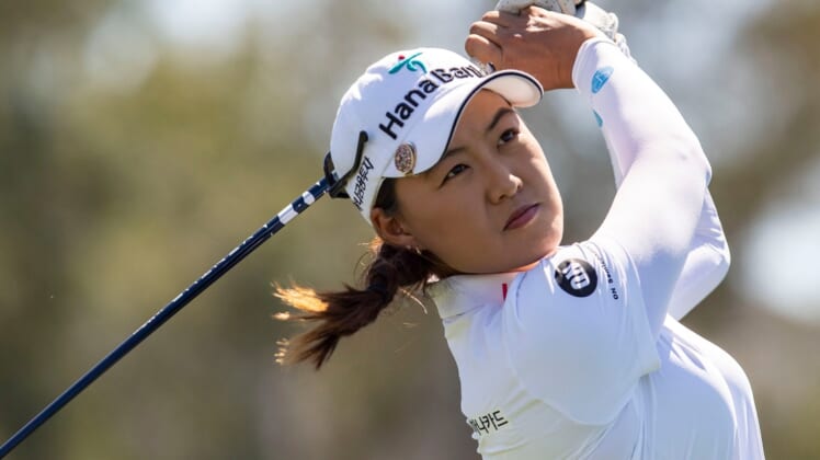 Minjee Lee of Australia tees off on six during round two of the Chevron Championship at Mission Hills Country Club in Rancho Mirage, Calif., Friday, April 1, 2022.