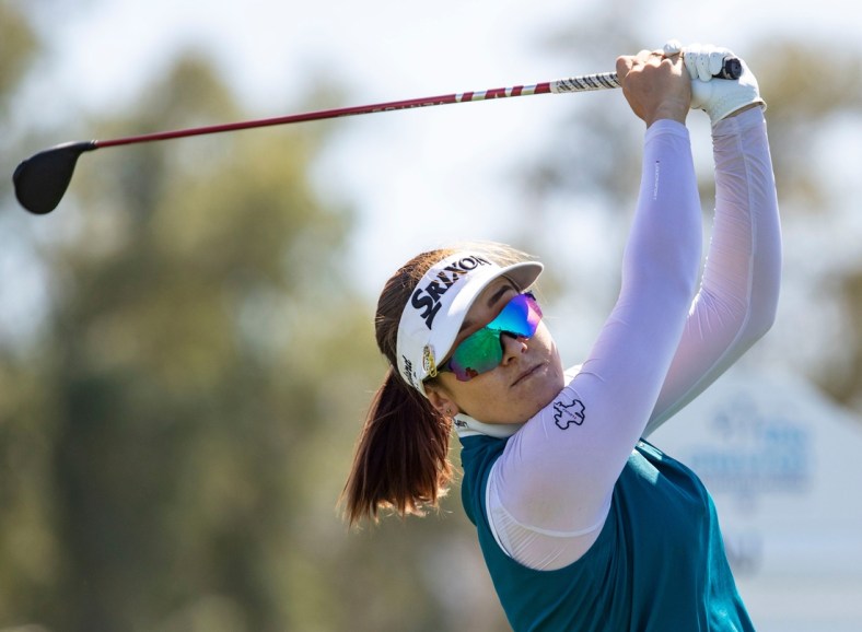 Hannah Green of Australia tees off on six during round two of the Chevron Championship at Mission Hills Country Club in Rancho Mirage, Calif., Friday, April 1, 2022.