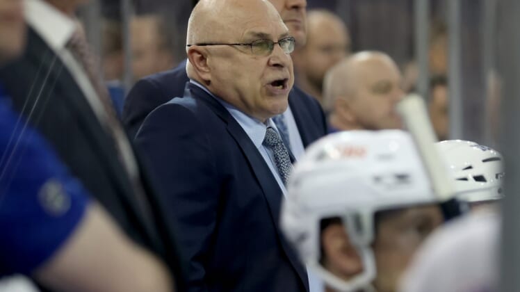 Apr 1, 2022; New York, New York, USA; New York Islanders head coach Barry Trotz coaches against the New York Rangers during the second period at Madison Square Garden. Mandatory Credit: Brad Penner-USA TODAY Sports