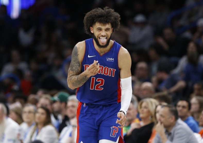 Apr 1, 2022; Oklahoma City, Oklahoma, USA; Detroit Pistons forward Isaiah Livers (12) reacts after scoring a basket against the Oklahoma City Thunder during the second half at Paycom Center. Detroit won 110-101. Mandatory Credit: Alonzo Adams-USA TODAY Sports