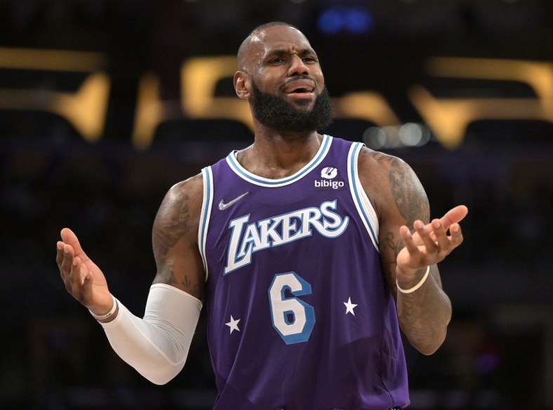Apr 1, 2022; Los Angeles, California, USA; Los Angeles Lakers forward LeBron James (6) reacts after he was called for a foul in the second half against the New Orleans Pelicans at Crypto.com Arena. Mandatory Credit: Jayne Kamin-Oncea-USA TODAY Sports
