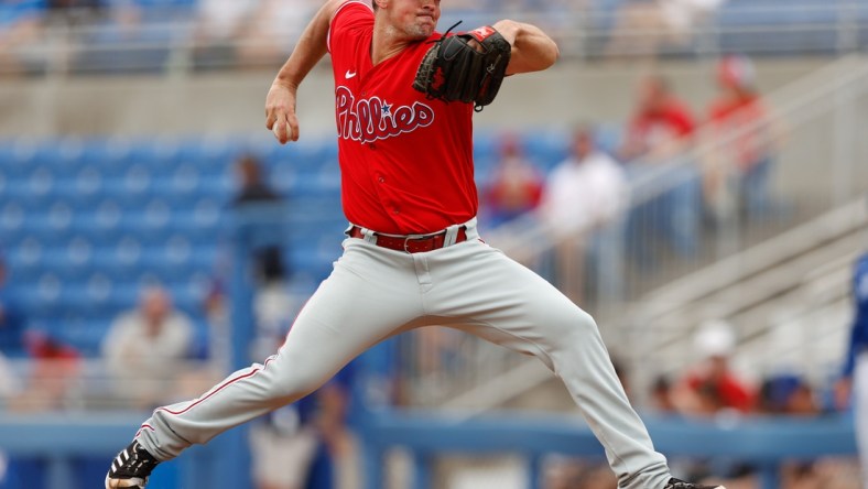 Apr 2, 2022; Dunedin, Florida, USA; Philadelphia Phillies pitcher Andrew Bellatti (64) throws a pitch against the Toronto Blue Jays in the first inning during spring training at TD Ballpark. Mandatory Credit: Nathan Ray Seebeck-USA TODAY Sports