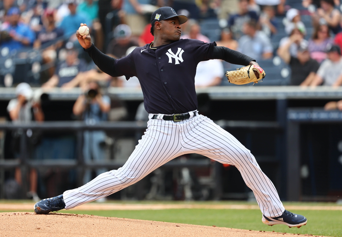 Apr 2, 2022; Tampa, Florida, USA;New York Yankees starting pitcher Luis Severino (40) throws a pitch during the first inning against the Atlanta Braves  during spring training at George M. Steinbrenner Field. Mandatory Credit: Kim Klement-USA TODAY Sports