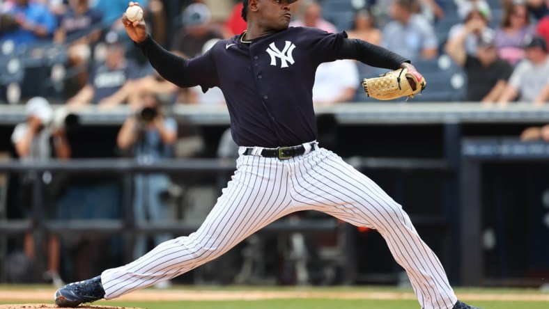 Apr 2, 2022; Tampa, Florida, USA;New York Yankees starting pitcher Luis Severino (40) throws a pitch during the first inning against the Atlanta Braves  during spring training at George M. Steinbrenner Field. Mandatory Credit: Kim Klement-USA TODAY Sports