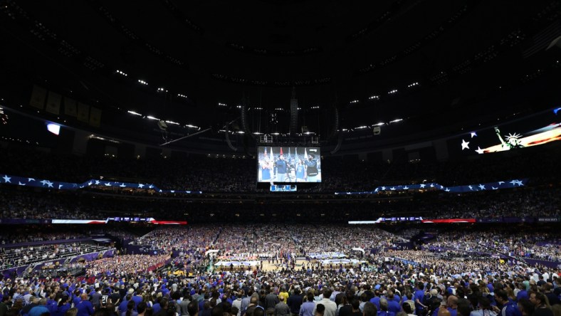 Apr 2, 2022; New Orleans, LA, USA; A general view of the Caesars Superdome during the playing of the national anthem before a game between the Villanova Wildcats and the Kansas Jayhawks in the 2022 NCAA men's basketball tournament Final Four semifinals at Caesars Superdome. Mandatory Credit: Stephen Lew-USA TODAY Sports