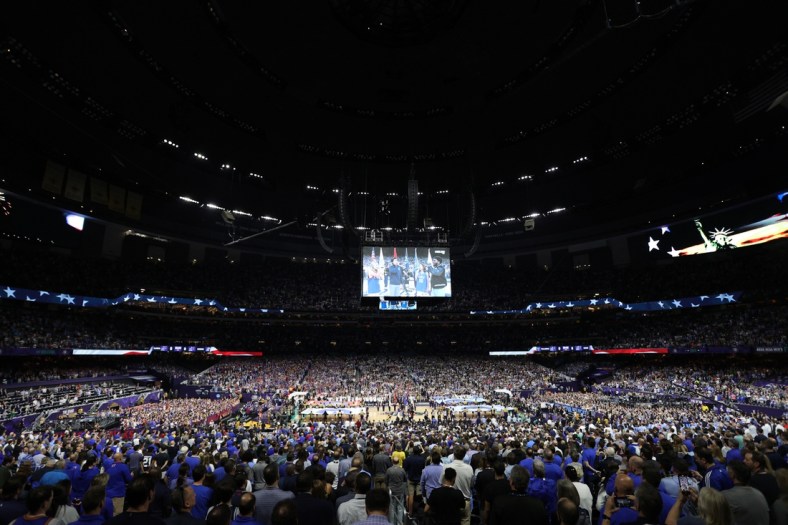 Apr 2, 2022; New Orleans, LA, USA; A general view of the Caesars Superdome during the playing of the national anthem before a game between the Villanova Wildcats and the Kansas Jayhawks in the 2022 NCAA men's basketball tournament Final Four semifinals at Caesars Superdome. Mandatory Credit: Stephen Lew-USA TODAY Sports