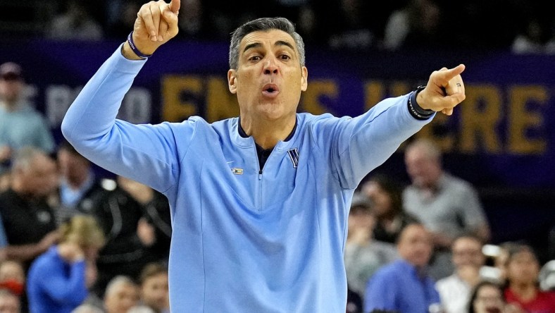 Apr 2, 2022; New Orleans, LA, USA; Villanova Wildcats head coach Jay Wright reacts during the first half against the Kansas Jayhawks in the 2022 NCAA men's basketball tournament Final Four semifinals at Caesars Superdome. Mandatory Credit: Robert Deutsch-USA TODAY Sports