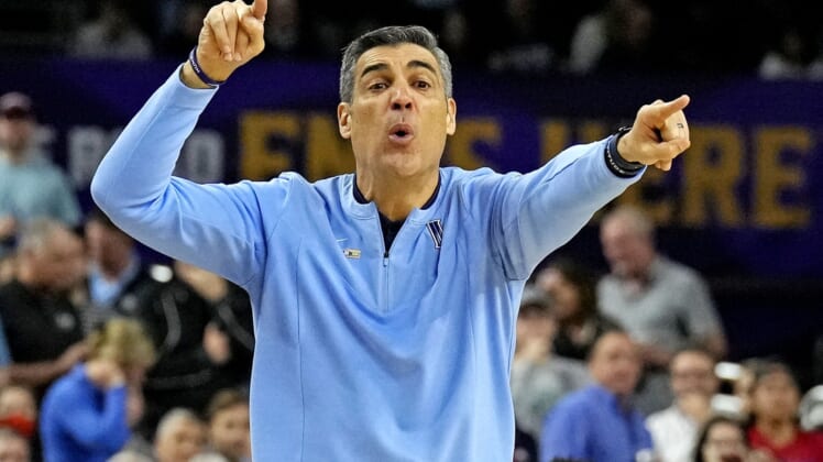 Apr 2, 2022; New Orleans, LA, USA; Villanova Wildcats head coach Jay Wright reacts during the first half against the Kansas Jayhawks in the 2022 NCAA men's basketball tournament Final Four semifinals at Caesars Superdome. Mandatory Credit: Robert Deutsch-USA TODAY Sports