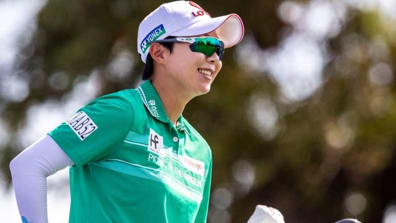 Hyo Joo Kim of South Korea smiles on the seventh tee box before taking her shot during round three of the Chevron Championship at Mission Hills Country Club in Rancho Mirage, Calif., Saturday, April 2, 2022.