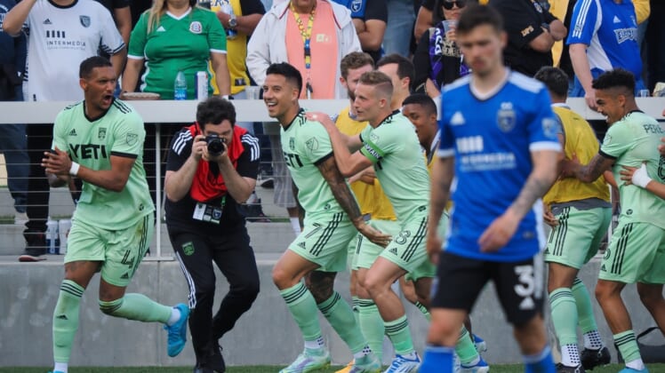 Apr 2, 2022; San Jose, California, USA; Austin FC forward Sebastian Driussi (7) celebrates with teammates after scoring on a penalty kick against the San Jose Earthquakes during the second half at PayPal Park. Mandatory Credit: Kelley L Cox-USA TODAY Sports