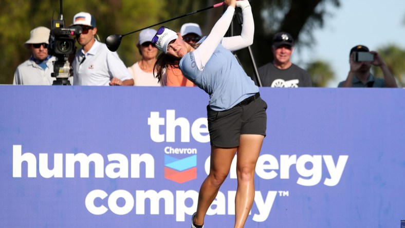 Jennifer Kupcho tees off on the 16th hole on the Dinah Shore Tournament Course during round three of the Chevron Championship at Mission Hills Country Club in Rancho Mirage, Calif., on Saturday, April 2, 2022.

Chevron Championship 3rd Round744